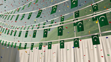 Celebrate Pakistan Independence Day with festive green flags and colorful confetti, ideal for event promotions, cultural celebrations, and national pride visuals