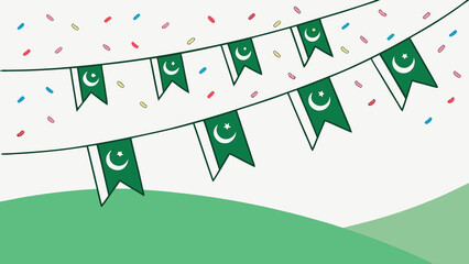 Celebrate Pakistan Independence Day with festive green bunting and confetti, perfect for national celebrations, cultural events, and patriotic designs