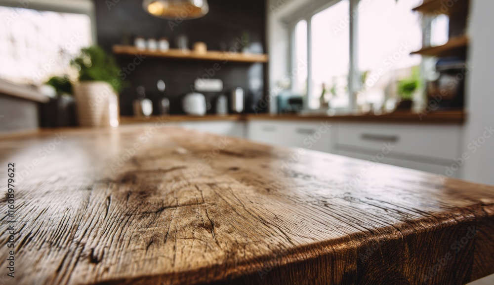 Poster rustic wood tabletop showcases its natural texture and grain in a modern kitchen setting with soft l