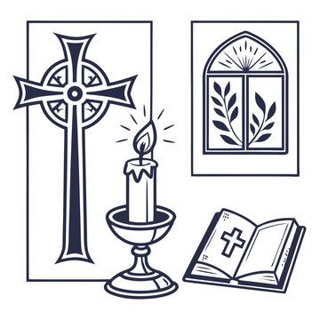 Celtic cross burning candle open bible arched window religious icons