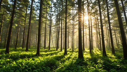 Fototapeta premium Le soleil filtre à travers la forêt dense, créant une atmosphère magique