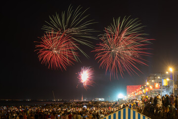 Fireworks over the beach during Aouessou Carnival in Sousse, Tunisia