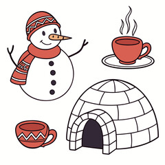 Cheerful snowman igloo and hot drinks hot cocoa winter