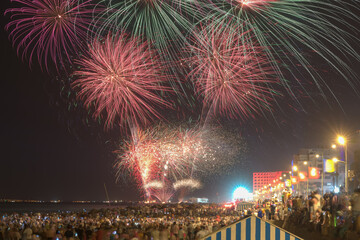 Fireworks over the beach during Aouessou Carnival in Sousse, Tunisia