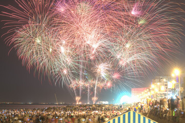 Fireworks over the beach during Aouessou Carnival in Sousse, Tunisia