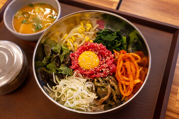 Korean traditional food. Beef Tartare Bibimbap