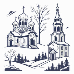 Churches and cathedrals in snowy landscape with trees winter