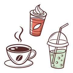 Coffee cup smoothie and iced drink icons saucer steam