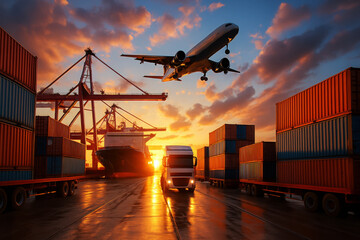 Cargo ship airplane truck shipping containers sunset