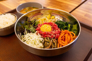 Korean traditional food. Beef Tartare Bibimbap