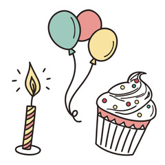 Festive birthday celebration icons with balloons cupcake and candle party