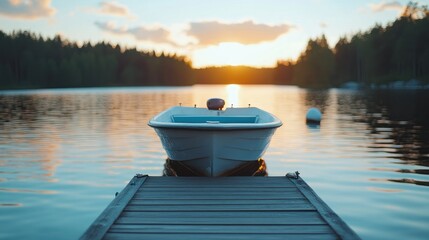 Obraz premium White boat on a dock at sunset over a lake