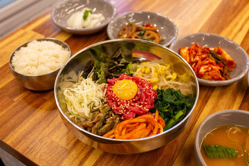 Korean traditional food. Beef Tartare Bibimbap