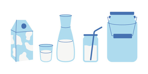 Milk set. Milk in carton, jug and glass. Dairy products. Vector illustration.