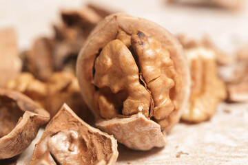 Close up of cracked walnuts	