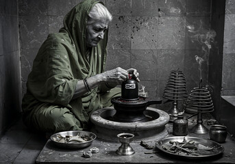 Hindu Woman in Green Silk Saree Offering Sandalwood and Vermillion to Shiva Lingam