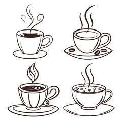 Four steaming coffee cups with beans and swirls cocoa hot drink
