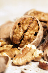 Close up of cracked walnuts