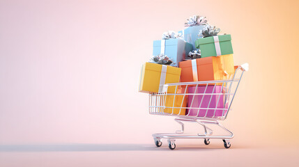 A shopping cart filled with vibrant gift boxes, illustrating the convenience of online shopping.