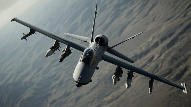 Air superiority jet intercepting drone mid-flight, background of conflict zone