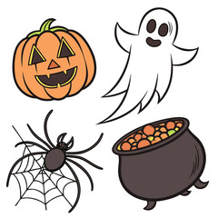 Halloween pumpkin ghost spider cauldron icons vector