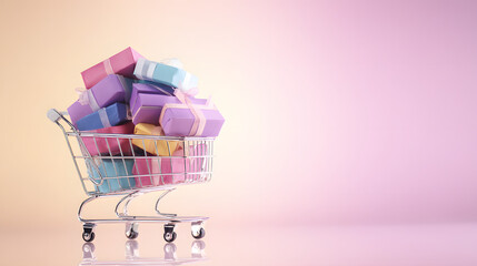 A shopping cart filled with vibrant gift boxes, illustrating the convenience of online shopping.