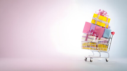 A shopping cart filled with vibrant gift boxes, illustrating the convenience of online shopping.