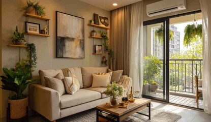 Serene living room showcases a cozy sofa, natural light, and a charming balcony adorned with lush greenery creating a tranquil indoor outdoor space.