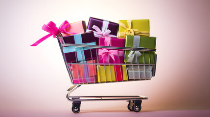 A shopping cart filled with vibrant gift boxes, illustrating the convenience of online shopping.