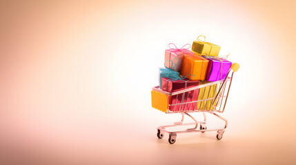 A shopping cart filled with vibrant gift boxes, illustrating the convenience of online shopping.
