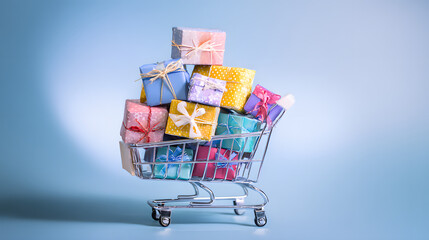A shopping cart filled with vibrant gift boxes, illustrating the convenience of online shopping.