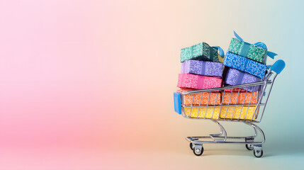 A shopping cart filled with vibrant gift boxes, illustrating the convenience of online shopping.
