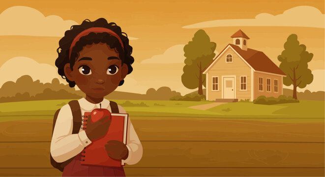 Young Black schoolchild holding notebook and apple by schoolhouse  
