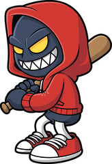 Cartoon Character with Red Hoodie Holding Baseball Bat Front View, Menacing Grin, Street Style Illustration, Urban Youth Vector Design Template