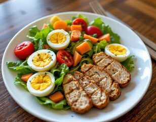 a fresh garden salad with hard boiled eggs, grilled chicken strips, and carrots, light meal for blood type o, clean white plate