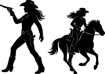 Cowgirl Silhouettes – Western Female Rider and Gun-Wielding Pose Silhouette.