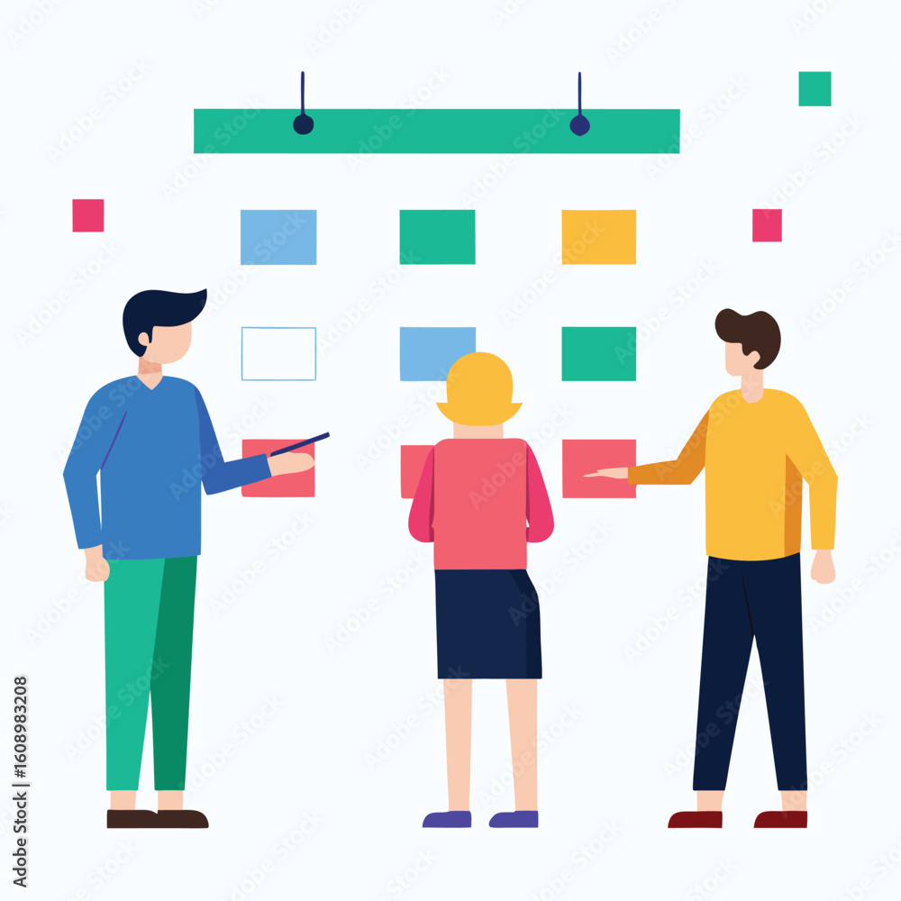 Poster team discussing project timeline using gantt chart isolated on white background