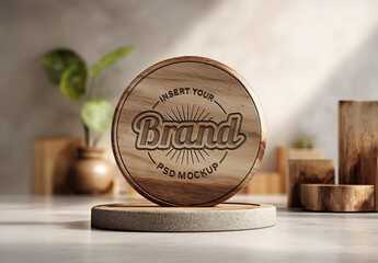 Logo Engraved In A Circular Wood Trophy Mockup