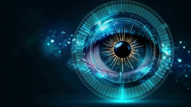 Futuristic Eye Concept with Digital Elements and Bright Colorful Lights in Dark Background