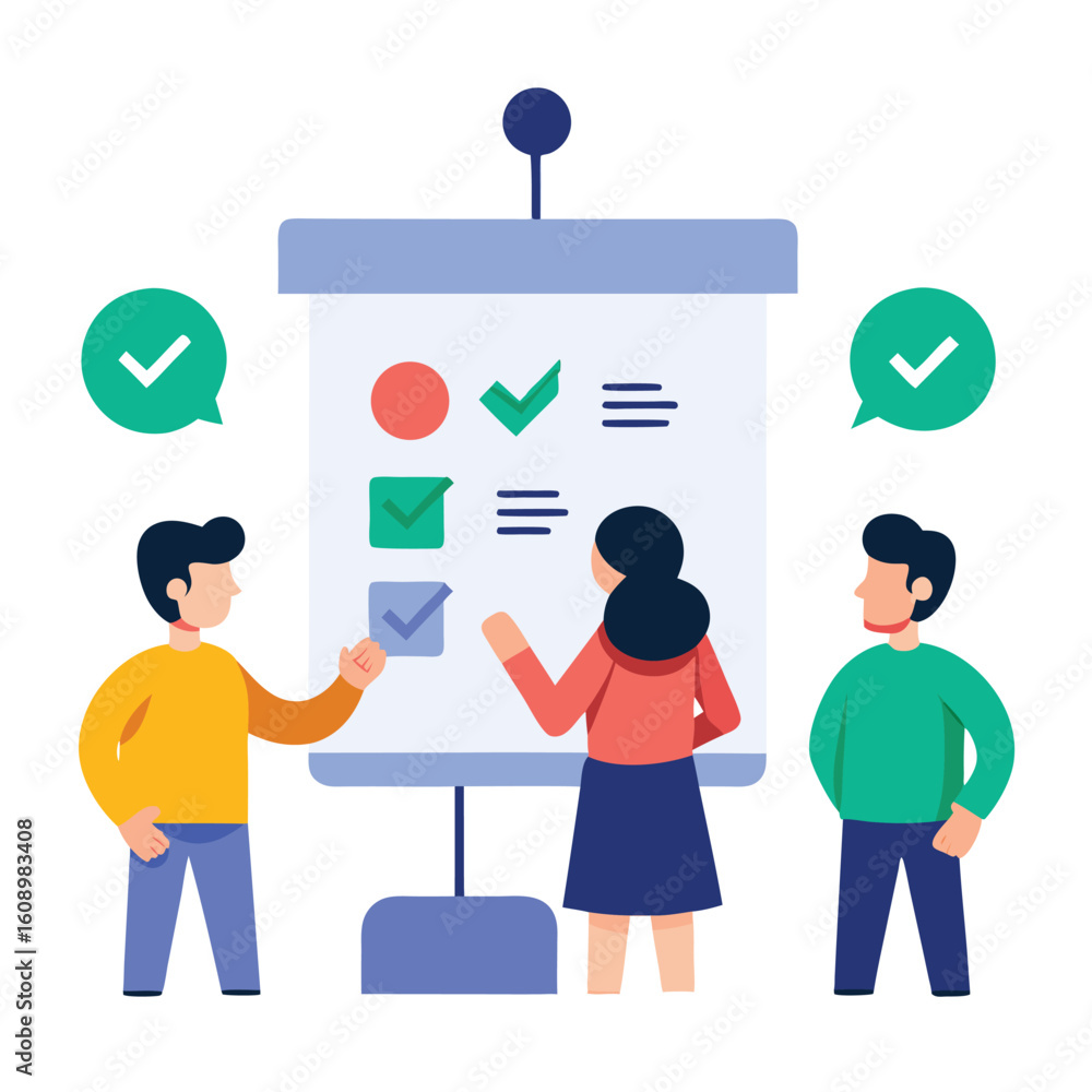 Poster team voting on project ideas using digital poll isolated on white background