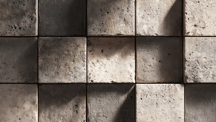 Textured, square tiles arranged in a grid pattern, casting shadows