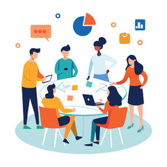 Teamwork and brainstorming scene with diverse people collaborating isolated on white background