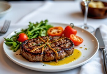 a serving of bison steak with grilled peppers and olive oil drizzle, strong protein meal for blood type o, elegant restaurant setup