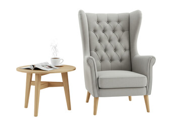 Isolated Cozy Armchair and Side Table with Coffee