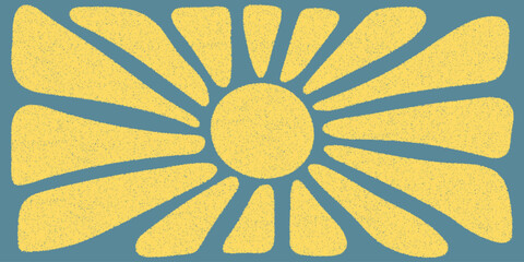 Sun rays retro horizontal background. Sun burst abstract groovy poster in naive style. Seventies, grainy textured background, rising sun textured shape. Hippie Aesthetic. Vector print