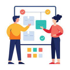 Two coworkers discussing project ideas near large display isolated on white background