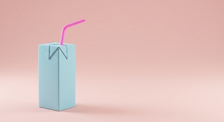 Blue Carton with Yellow Straw on Minimalist Pink Background