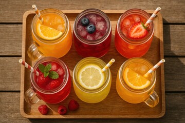 overhead view of colorful jam jar cocktails with citrus on tray in soft natural light picnic style with fruit slices concept of cocktail bar summer drink menu
