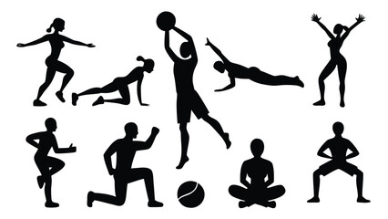 Diverse human figure silhouettes in various poses isolated on white background