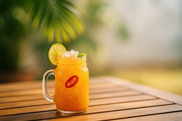bright mango chili jam jar cocktail on wooden table with lime, sliced red chili, fresh mango cubes and metal straw in tropical setting, concept of spicy summer refreshment